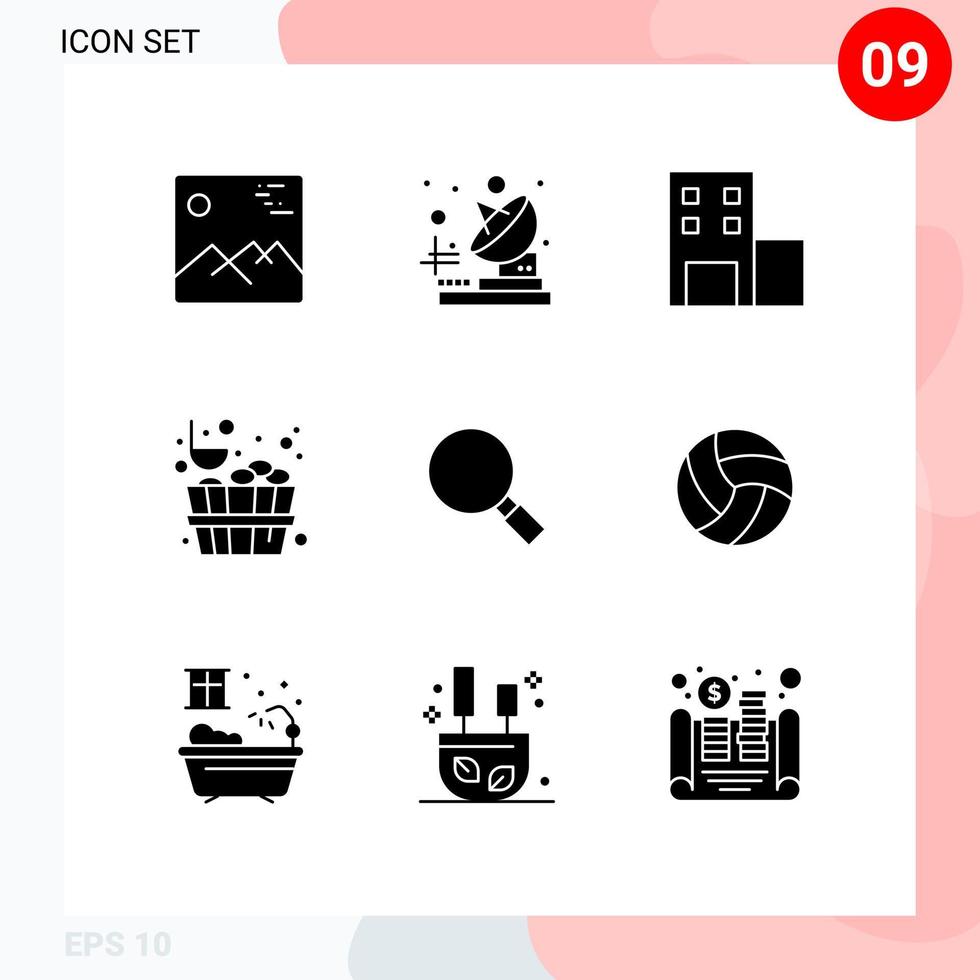 9 Thematic Vector Solid Glyphs and Editable Symbols of ball magnifying school look stone Editable Vector Design Elements