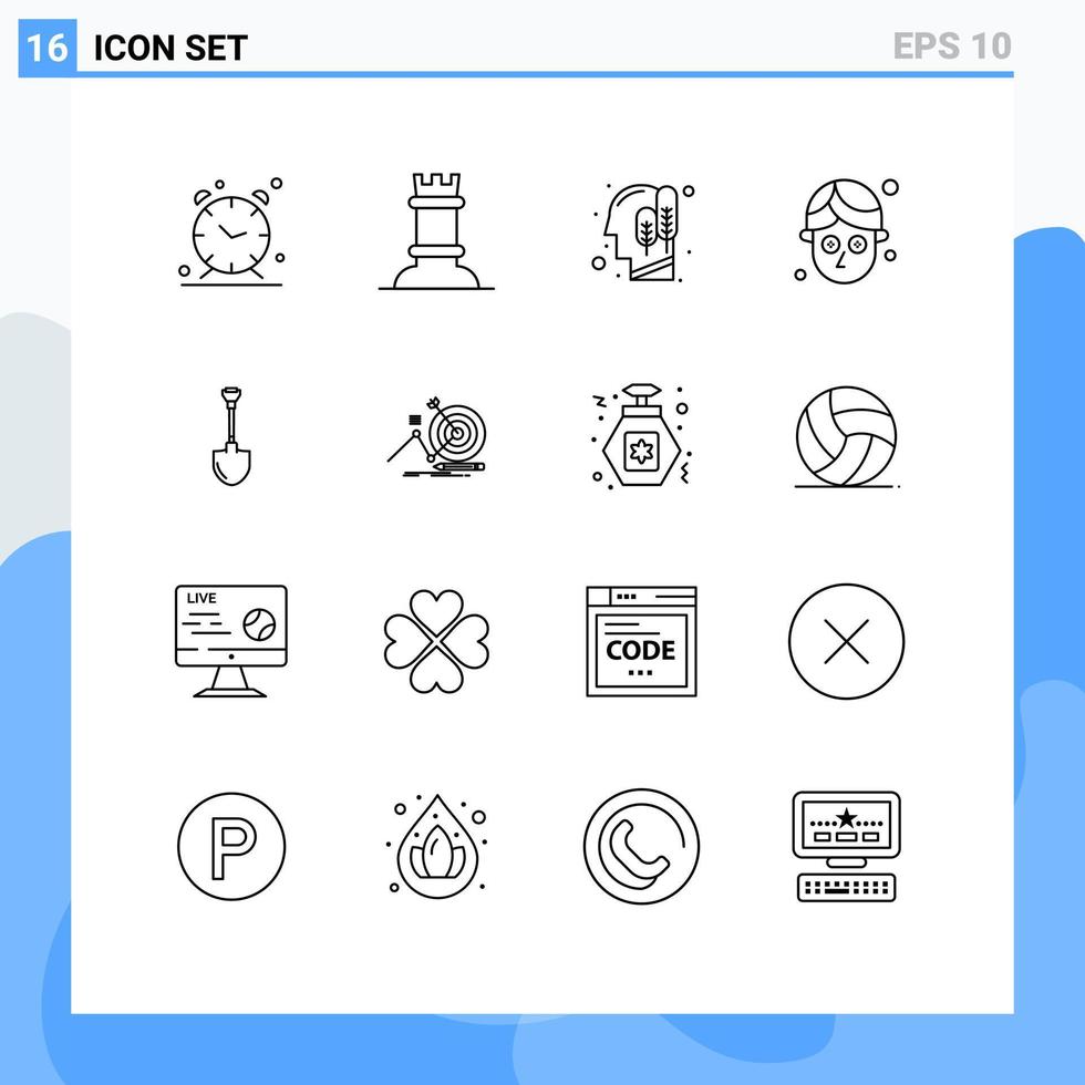 User Interface Pack of 16 Basic Outlines of repair shovel head showel facial Editable Vector Design Elements