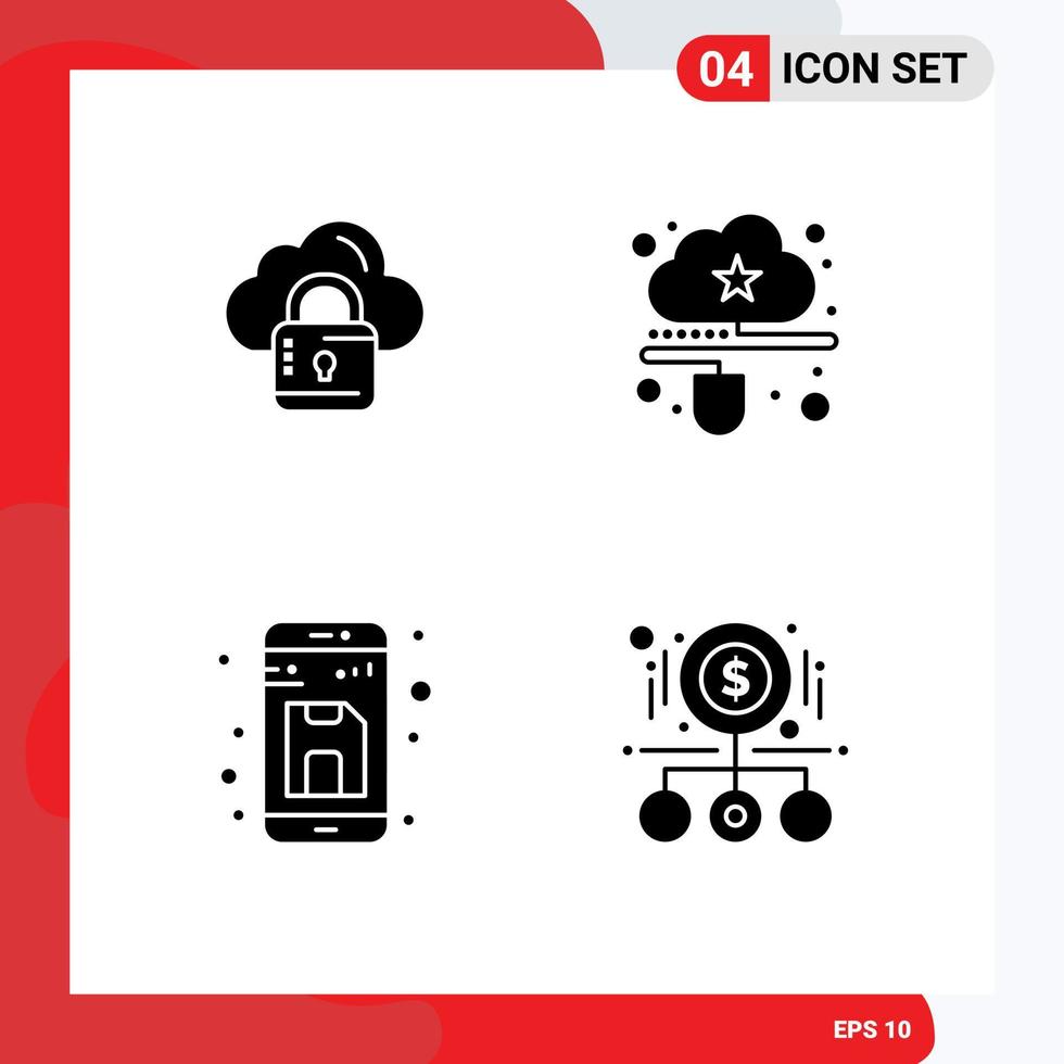 4 símbolos de signos de glifos sólidos universales de archivos de datos bloqueados en la nube elementos de diseño vectorial editables vector