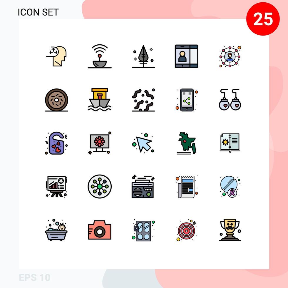 Set of 25 Vector Filled line Flat Colors on Grid for social network connections space user mobile Editable Vector Design Elements