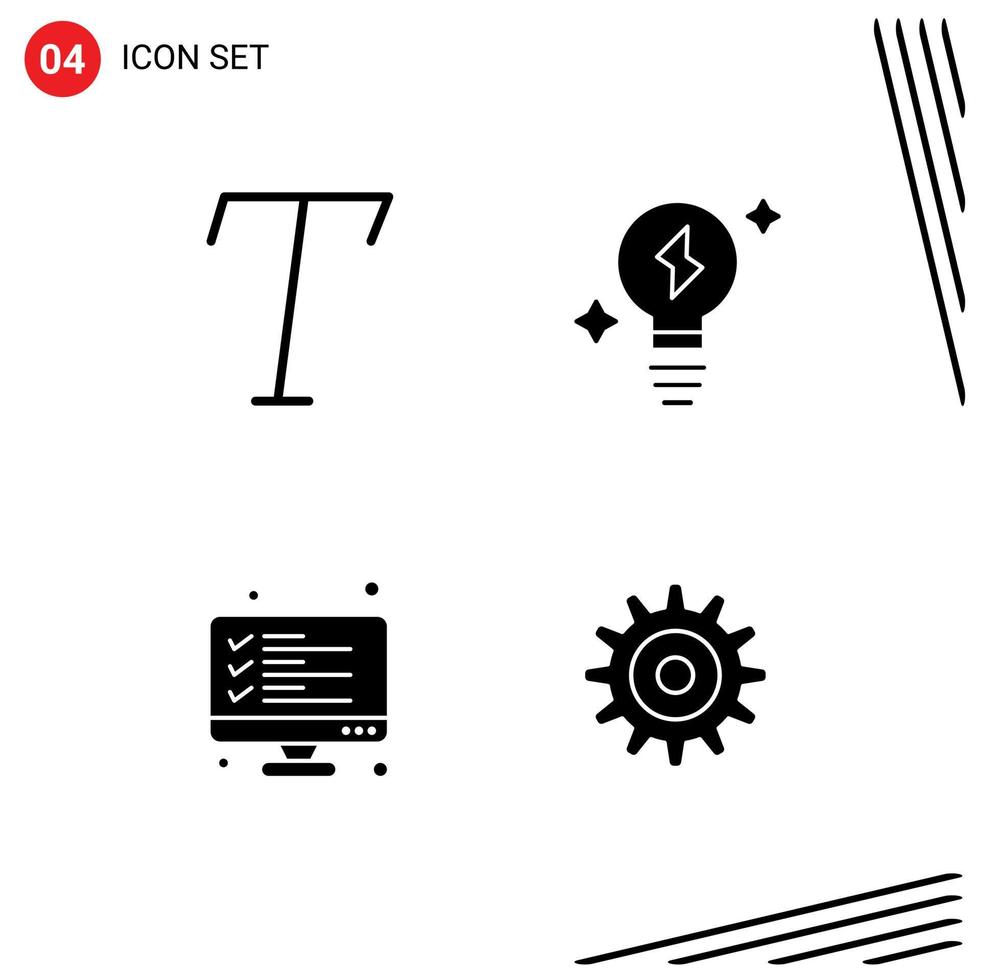 User Interface Pack of 4 Basic Solid Glyphs of font result light computer setting Editable Vector Design Elements