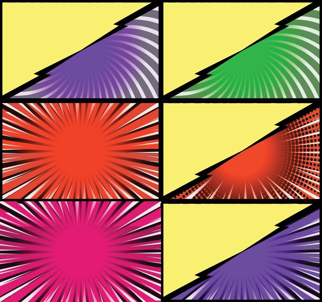 Comic book colorful frames background with halftone rays radial and dotted effects pop art style vector