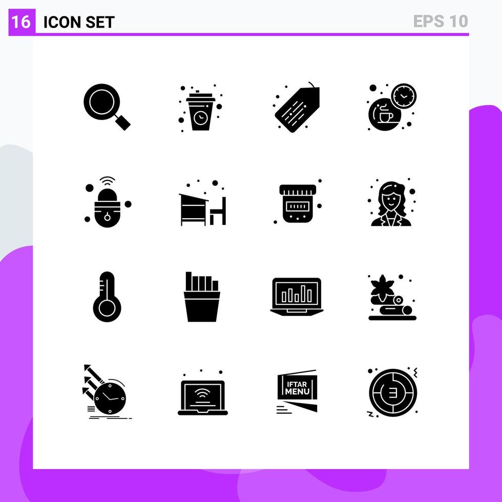 16 Thematic Vector Solid Glyphs and Editable Symbols of iot time relax tea break Editable Vector Design Elements