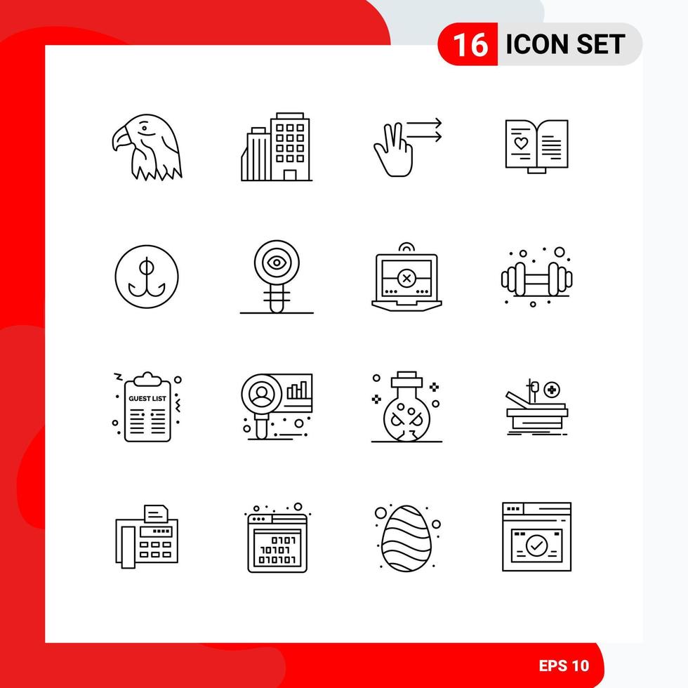 Universal Icon Symbols Group of 16 Modern Outlines of hook decoy fingers wedding love Editable Vector Design Elements