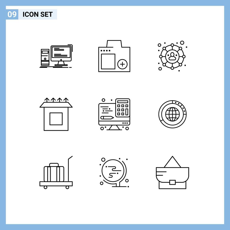 User Interface Pack of 9 Basic Outlines of computer setup photo install social network Editable Vector Design Elements