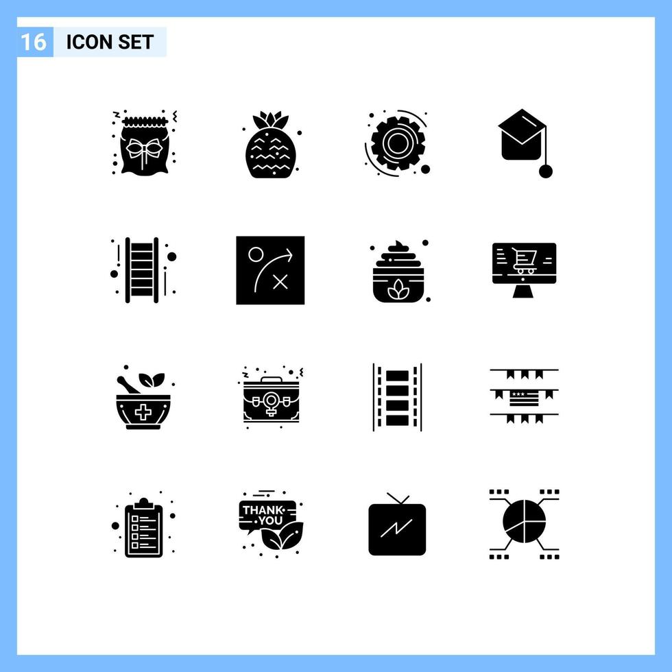 16 Universal Solid Glyphs Set for Web and Mobile Applications start up stair gear hat graduation Editable Vector Design Elements