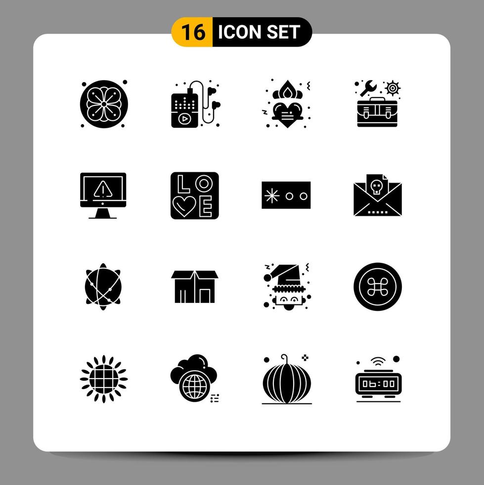 Universal Icon Symbols Group of 16 Modern Solid Glyphs of internet data love computer toolbox Editable Vector Design Elements