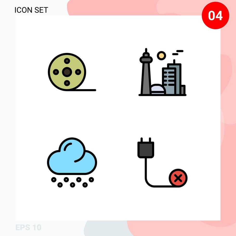 Pack of 4 Modern Filledline Flat Colors Signs and Symbols for Web Print Media such as album cloud reel city weather Editable Vector Design Elements