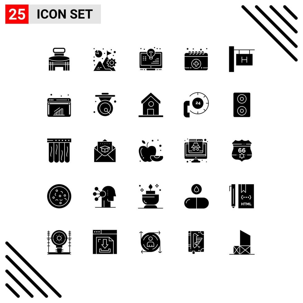 Set of 25 Vector Solid Glyphs on Grid for medical appointment growth monitor light Editable Vector Design Elements