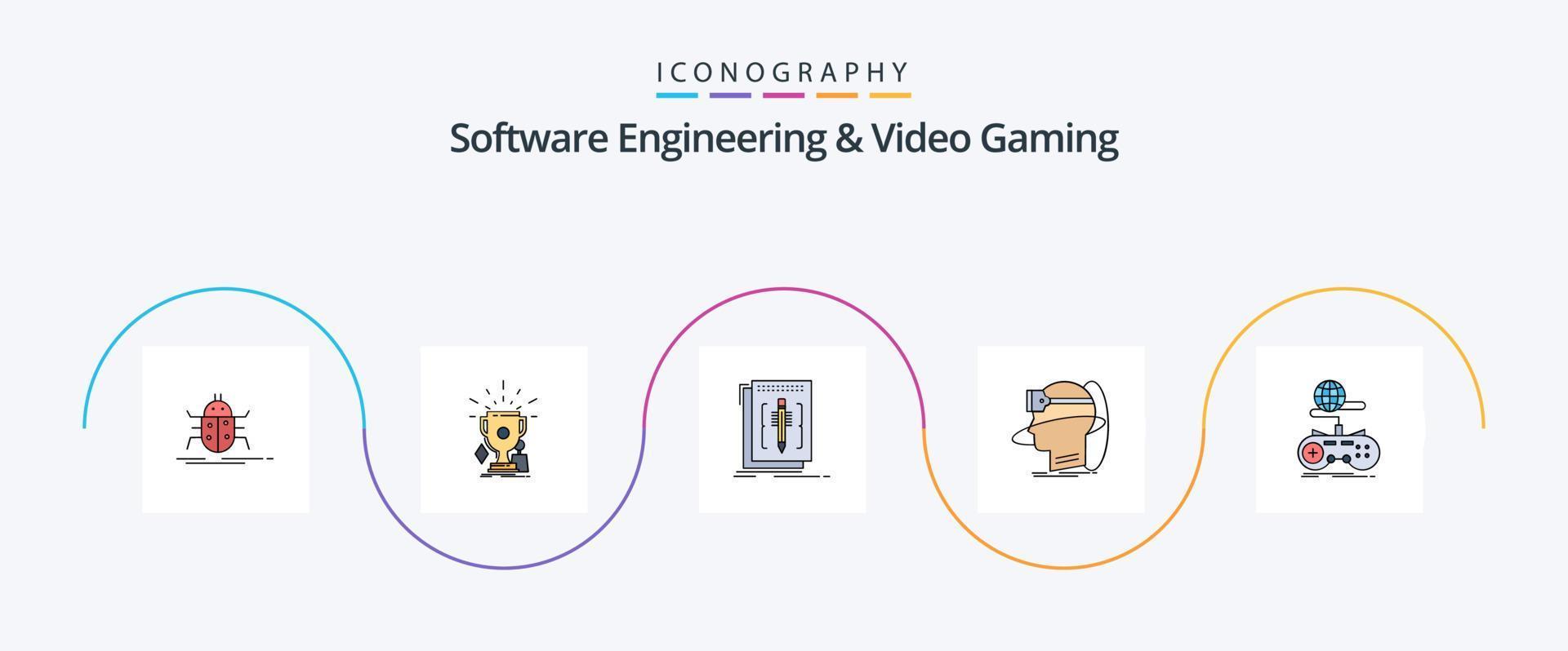 Software Engineering And Video Gaming Line Filled Flat 5 Icon Pack Including reality. human. trophies. program. editor vector