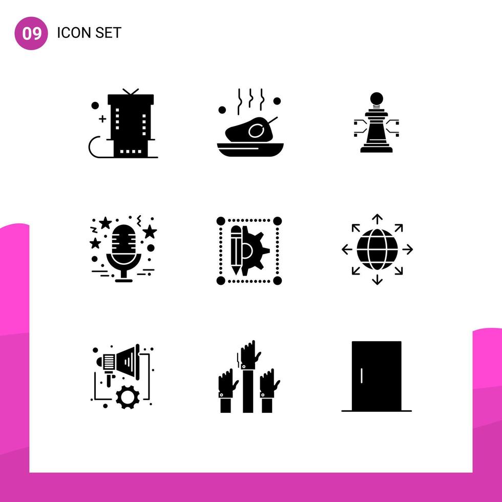 9 User Interface Solid Glyph Pack of modern Signs and Symbols of microphone star meal sound strategy Editable Vector Design Elements