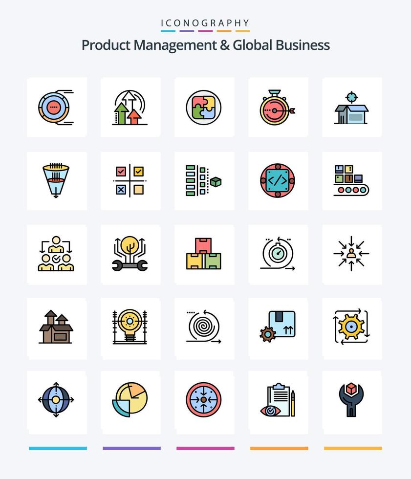 Creative Product Managment And Global Business 25 Line FIlled icon pack  Such As stopwatch. optimization. product. management. solution vector