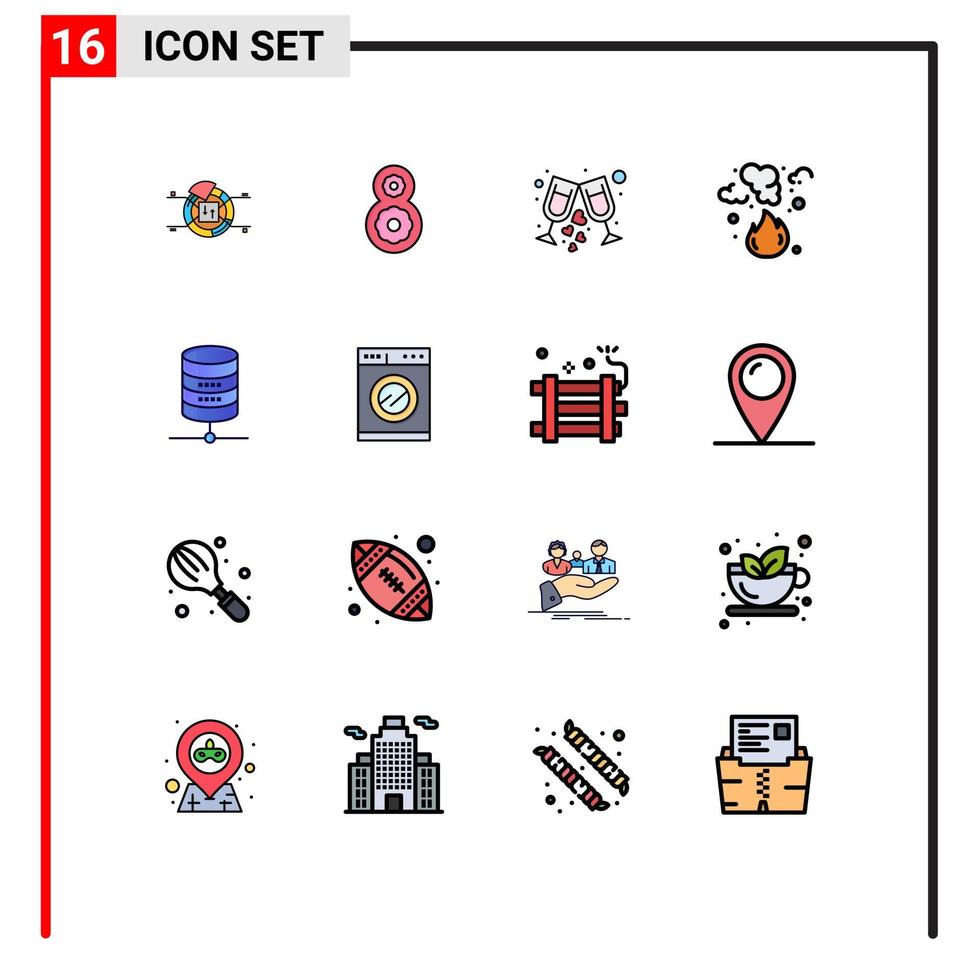Modern Set of 16 Flat Color Filled Lines and symbols such as server smoke glass pollution fire Editable Creative Vector Design Elements
