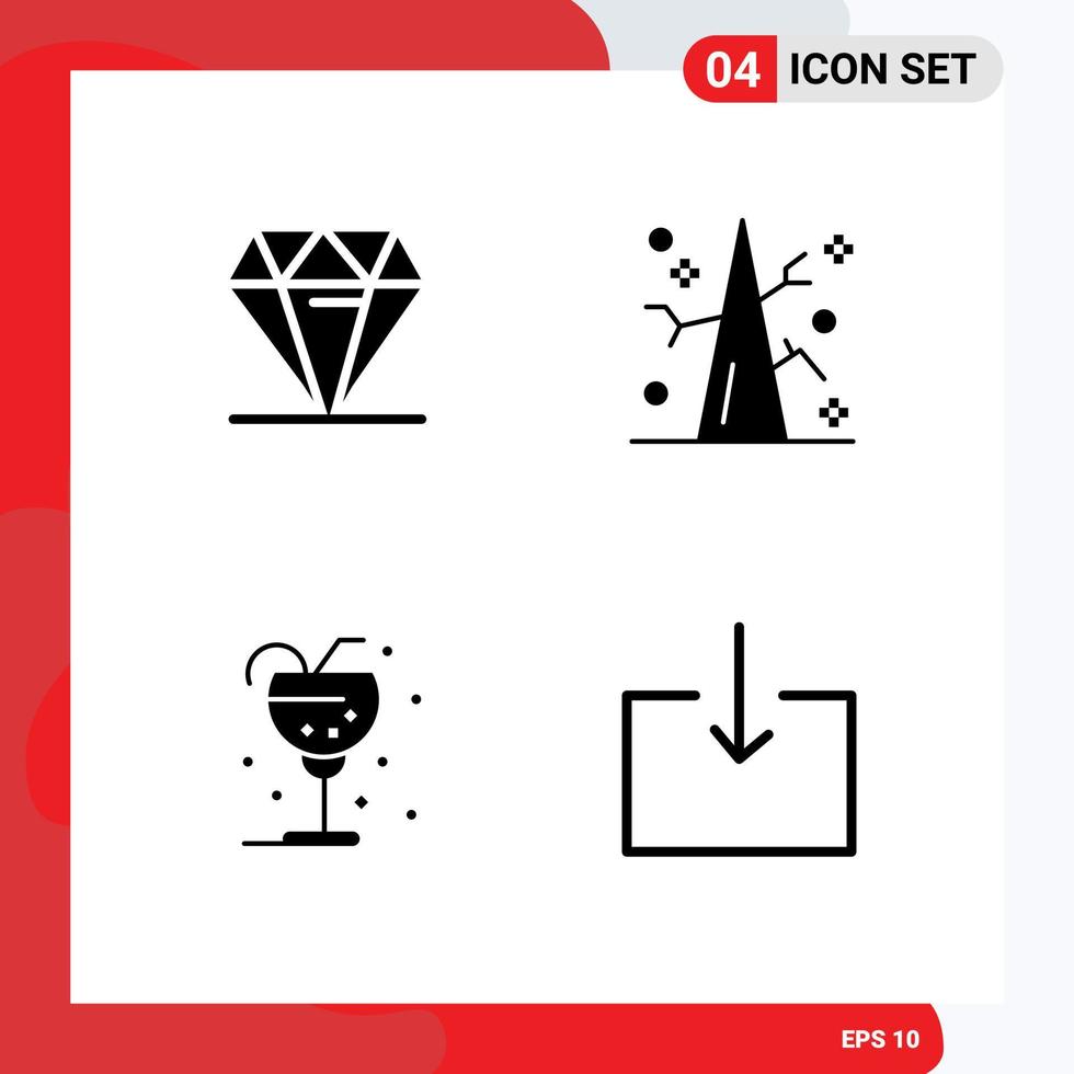 Set of 4 Vector Solid Glyphs on Grid for diamond drink expensive tree ice Editable Vector Design Elements