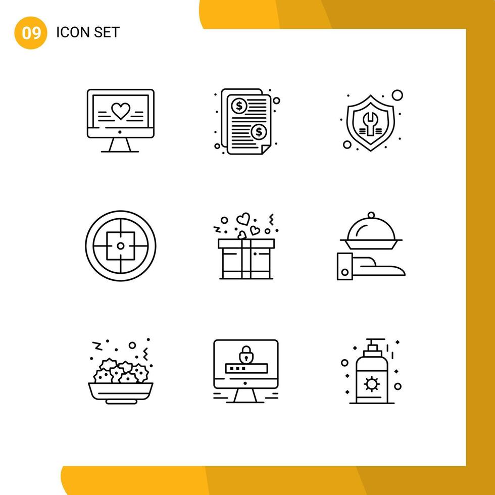 Universal Icon Symbols Group of 9 Modern Outlines of target military fix badge insurance Editable Vector Design Elements