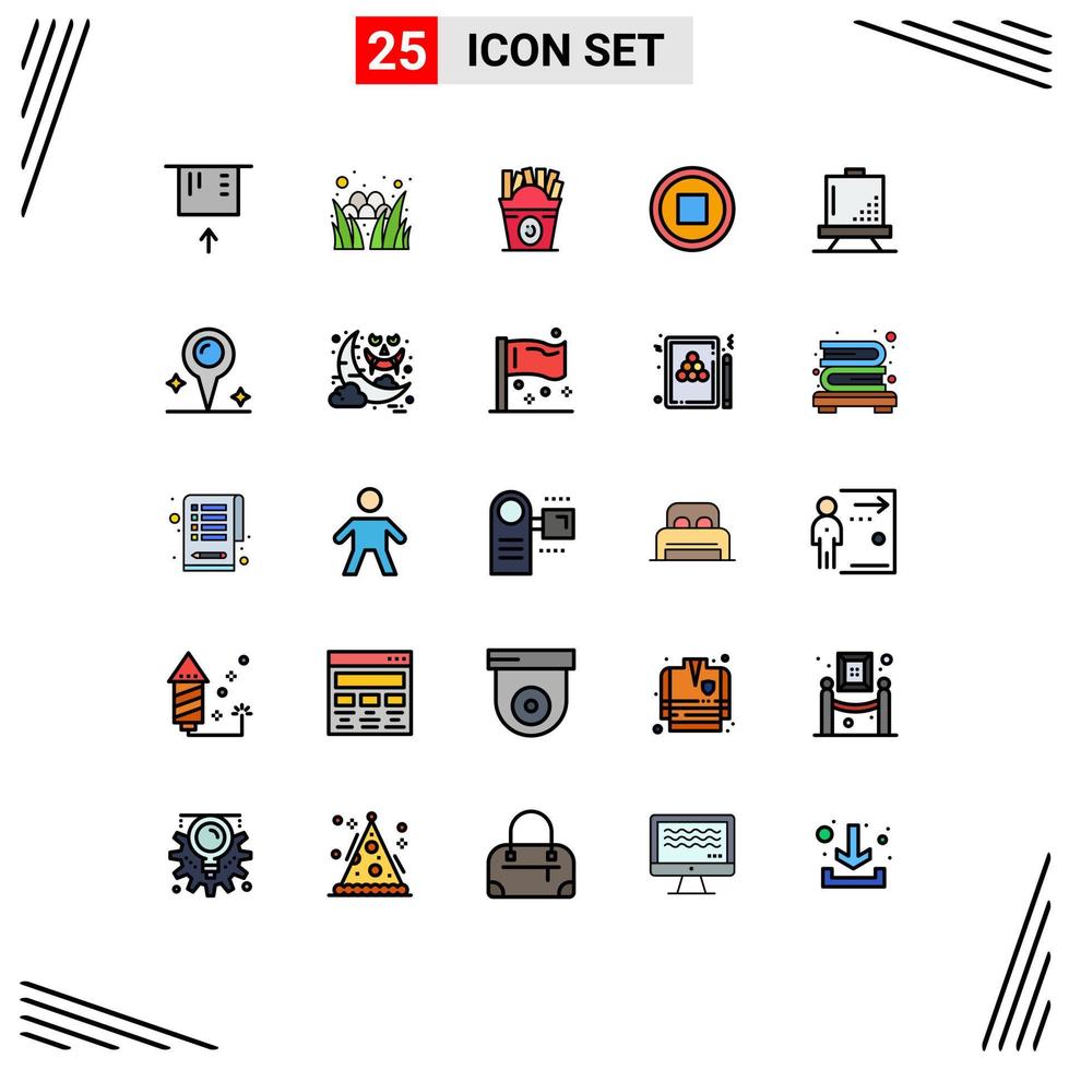25 Thematic Vector Filled line Flat Colors and Editable Symbols of development coding fastfood board interface Editable Vector Design Elements