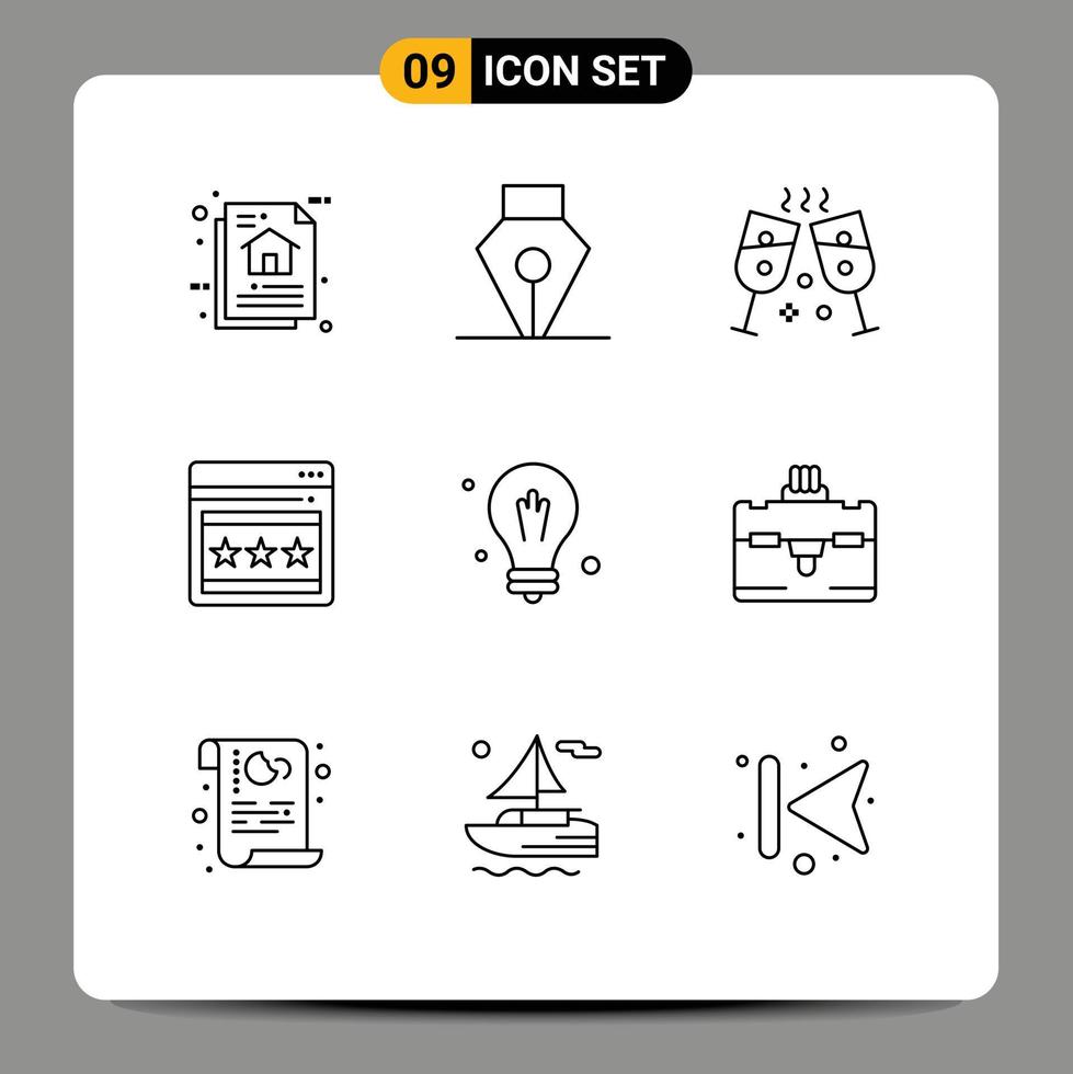 User Interface Pack of 9 Basic Outlines of tourist science champagne idea webpage Editable Vector Design Elements