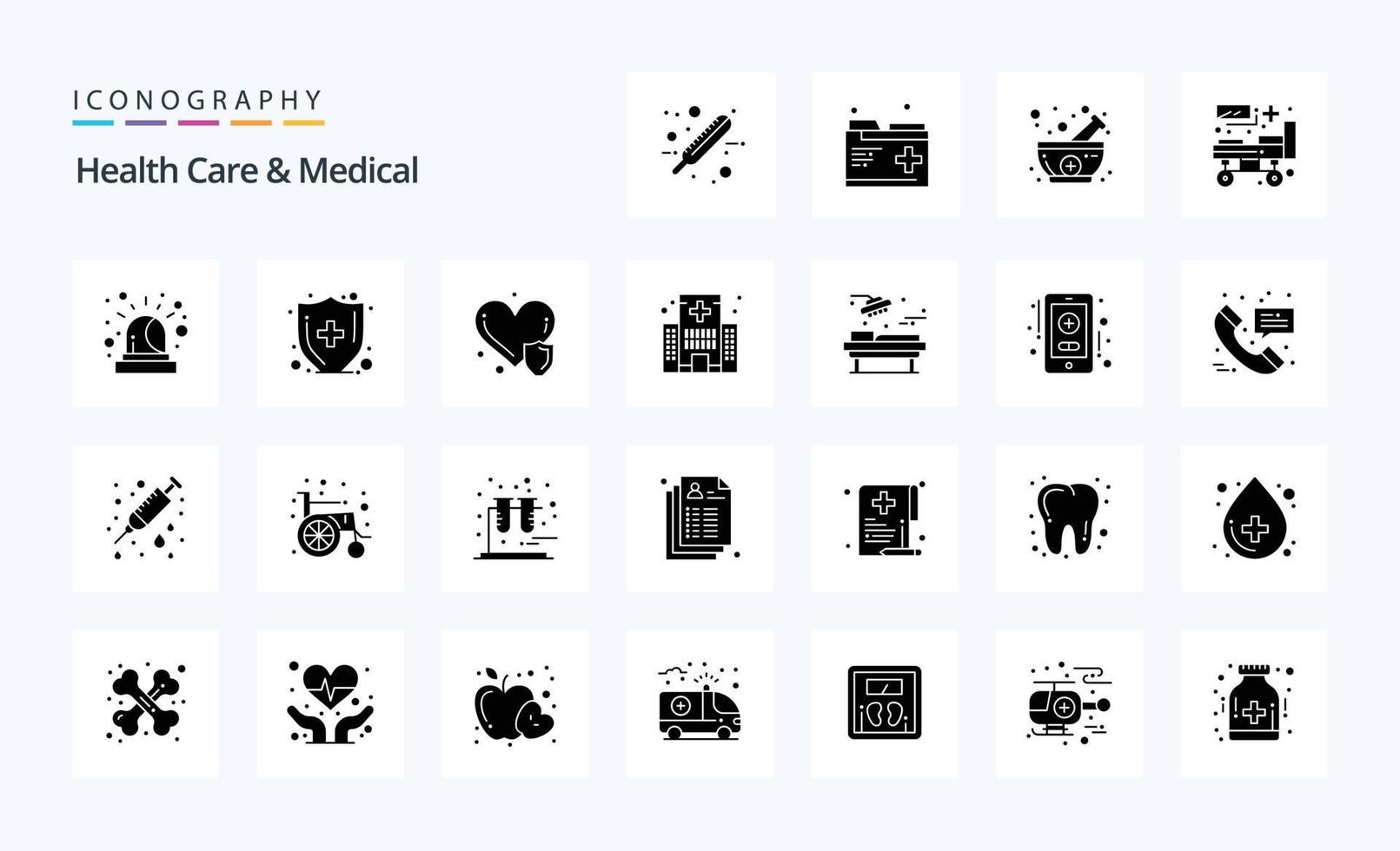 paquete de iconos de 25 glifos sólidos médicos y de atención médica vector