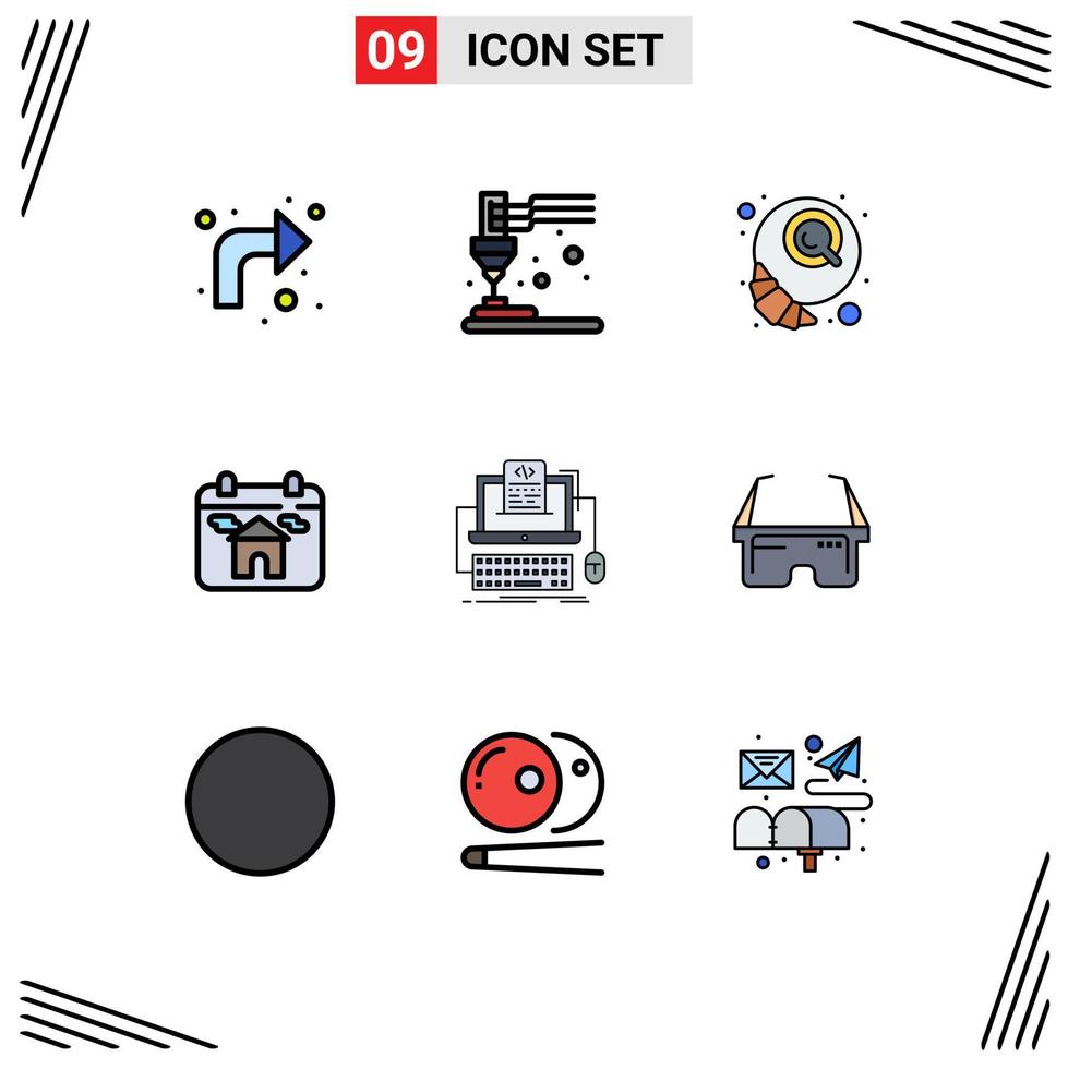 Group of 9 Modern Filledline Flat Colors Set for coding house breakfast home calendar Editable Vector Design Elements