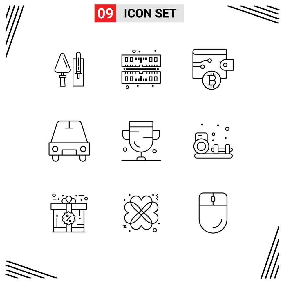 Editable Vector Line Pack of 9 Simple Outlines of medal award bitcoin achievement passenger Editable Vector Design Elements