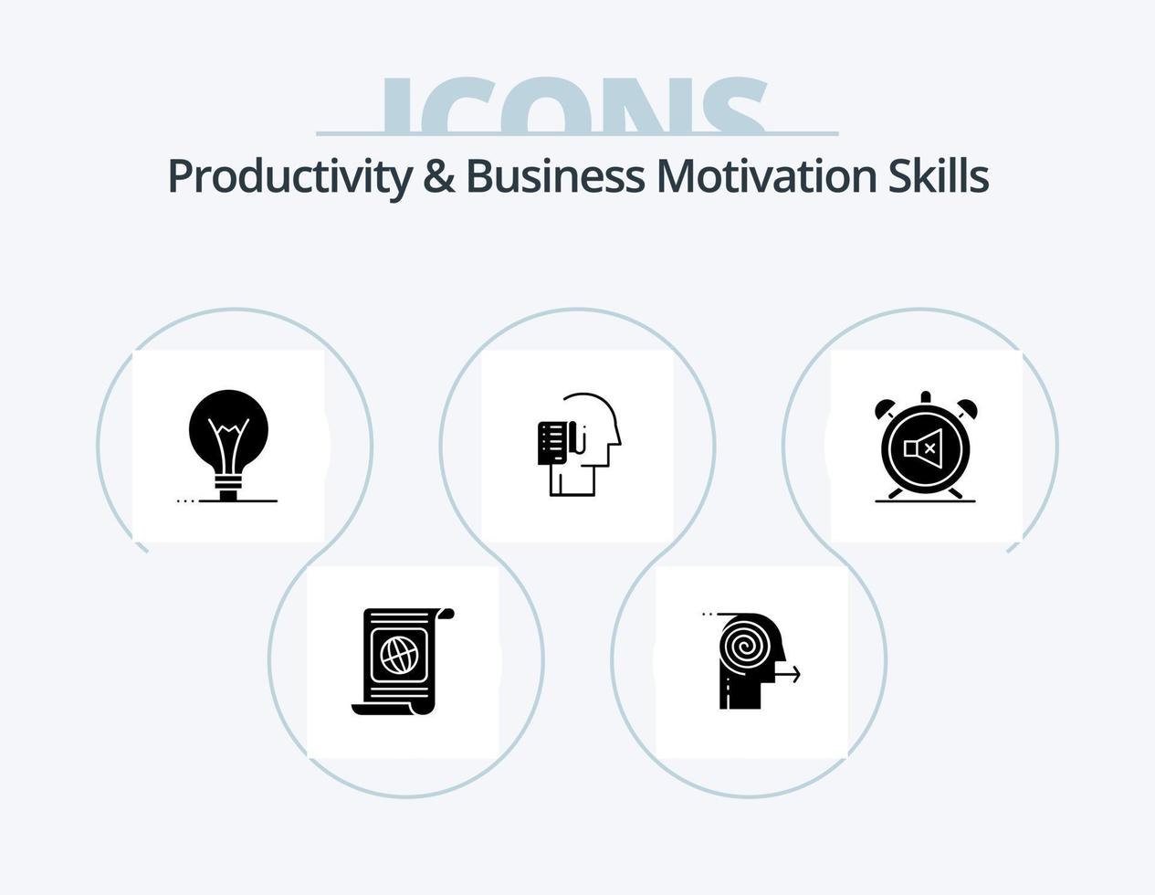 Productivity And Business Motivation Skills Glyph Icon Pack 5 Icon Design. schedule. list. focus. human. invention vector