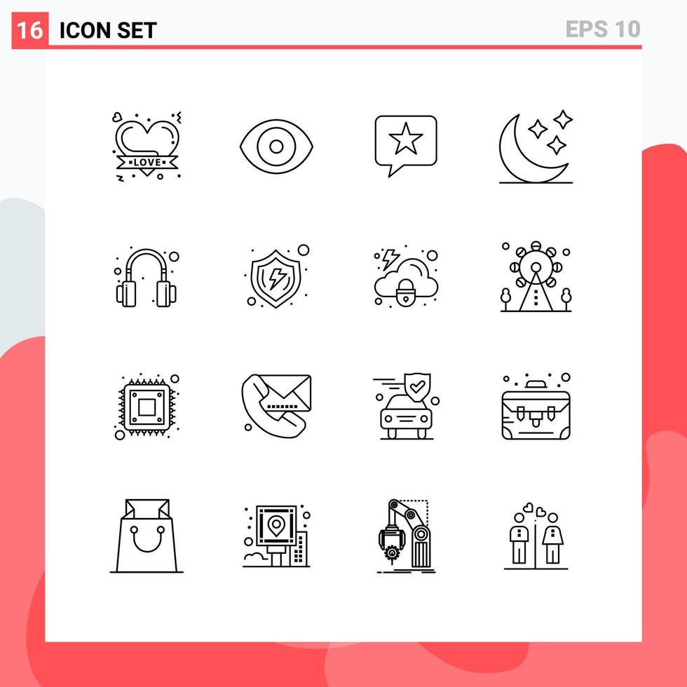 Universal Icon Symbols Group of 16 Modern Outlines of headphones weather chat stars moon Editable Vector Design Elements