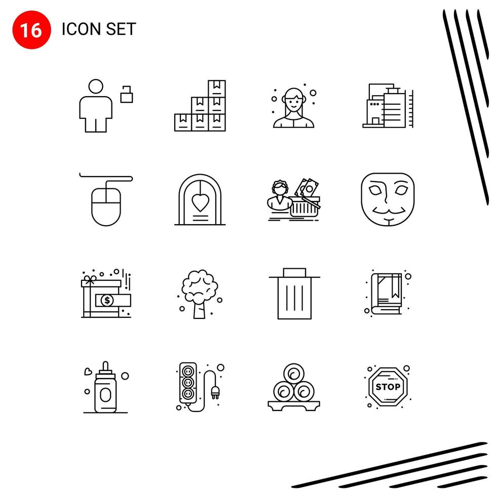 16 Universal Outlines Set for Web and Mobile Applications mouse industry employee factory building Editable Vector Design Elements