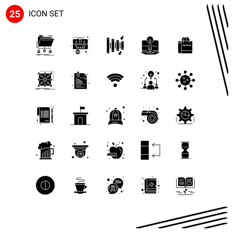 Modern Set of 25 Solid Glyphs Pictograph of bag organic content briefcase content music Editable Vector Design Elements