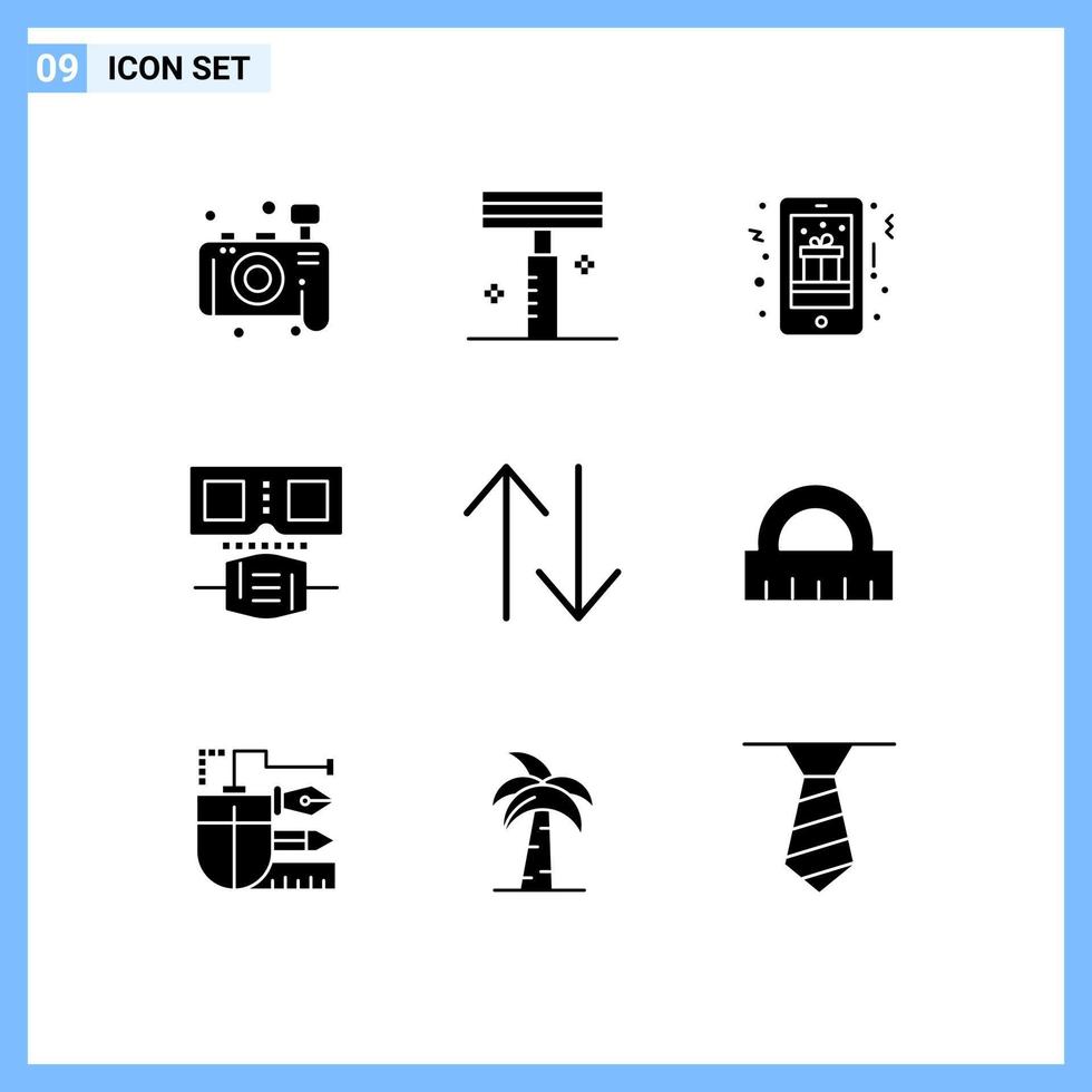 Pack of 9 Modern Solid Glyphs Signs and Symbols for Web Print Media such as upside arrow gift protection glasses Editable Vector Design Elements