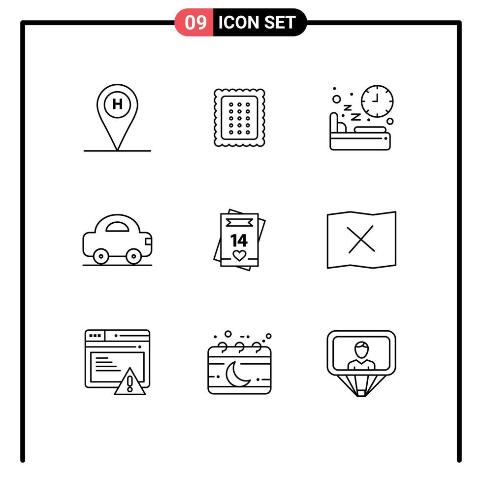 Outline Pack of 9 Universal Symbols of vehicles car meal automobile sleep Editable Vector Design Elements