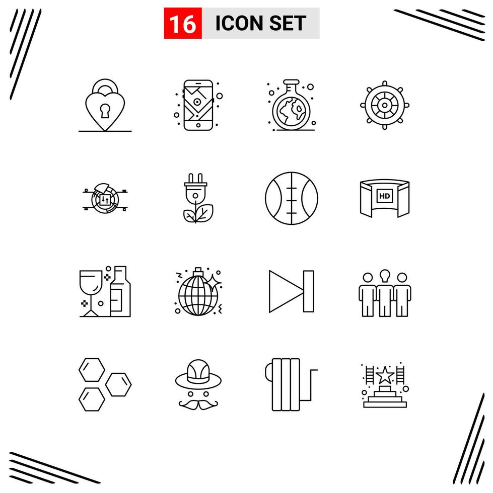 Set of 16 Modern UI Icons Symbols Signs for report pie green steering the boat holiday Editable Vector Design Elements