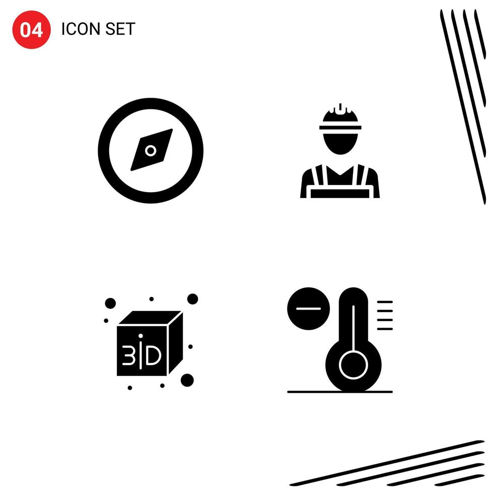 Modern Set of 4 Solid Glyphs Pictograph of compass climate labour man worker temperature Editable Vector Design Elements