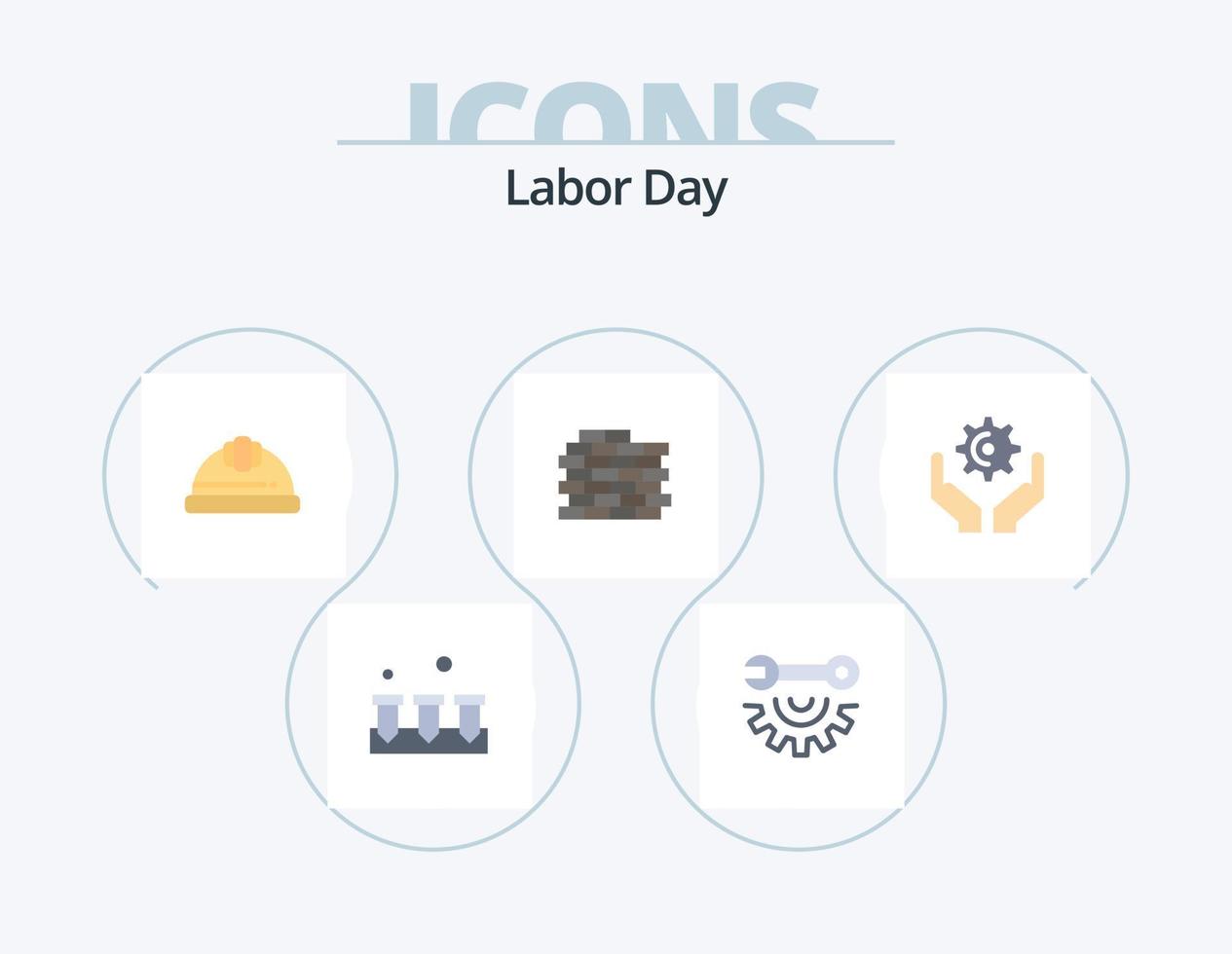 Labor Day Flat Icon Pack 5 Icon Design. gear. hands. cap. bricks. wall vector