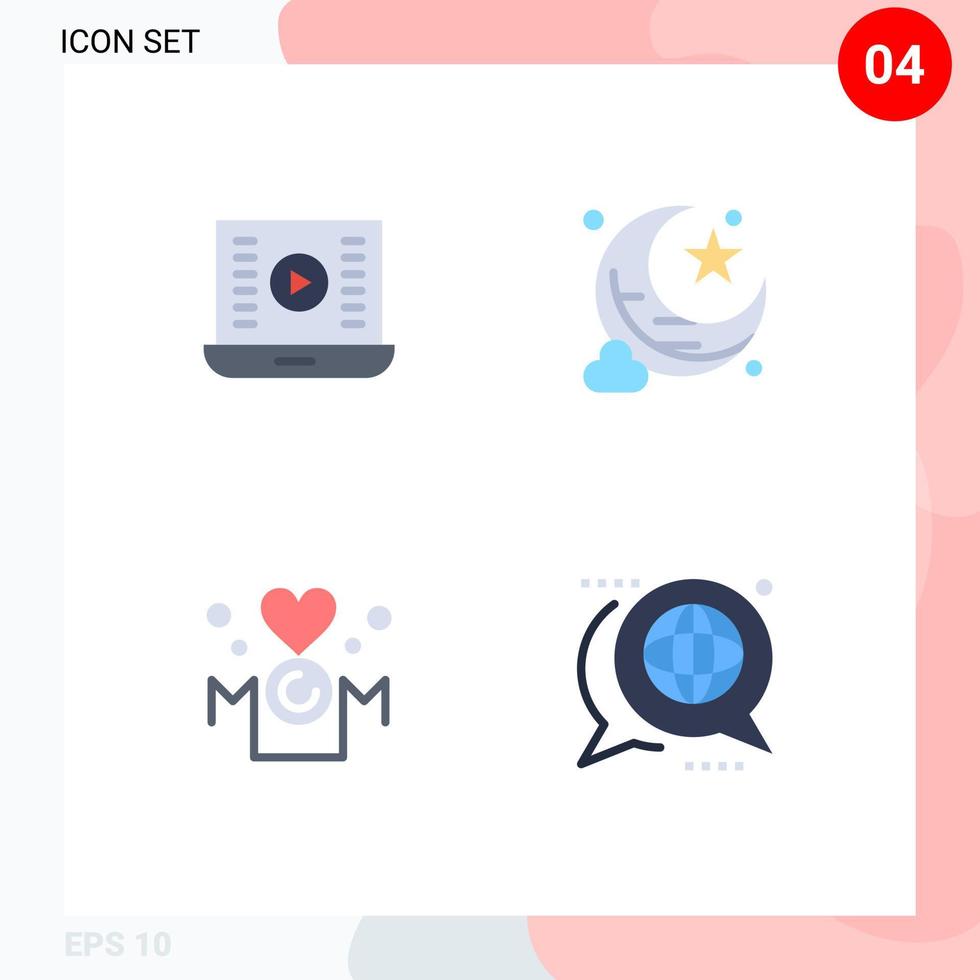 Modern Set of 4 Flat Icons Pictograph of audio play heart video play new moon love Editable Vector Design Elements