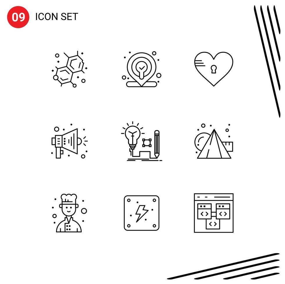 Mobile Interface Outline Set of 9 Pictograms of lamp insight heart idea megaphone Editable Vector Design Elements