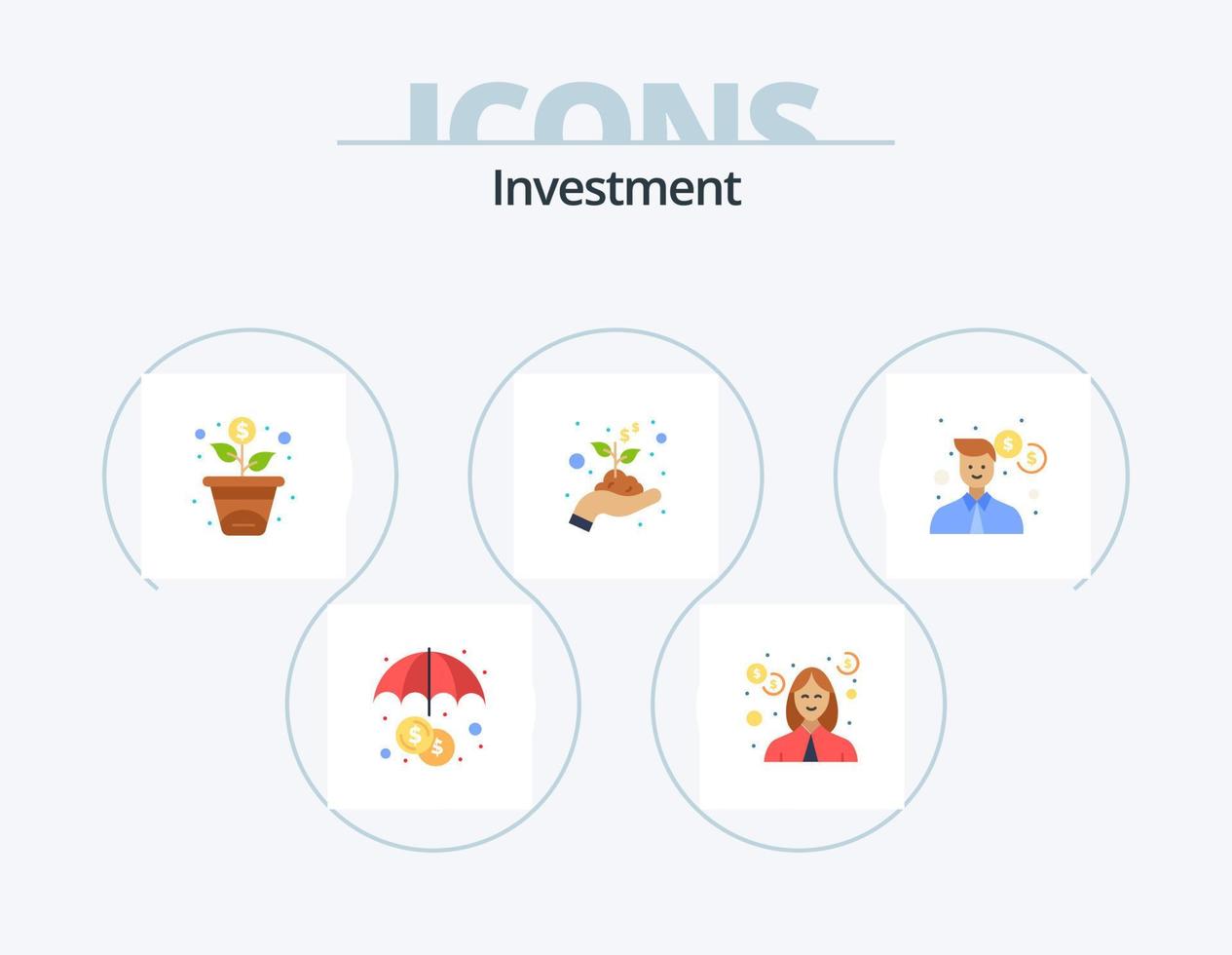 paquete de iconos planos de inversión 5 diseño de iconos. dinero. hombre. financiación. negocio. mano vector