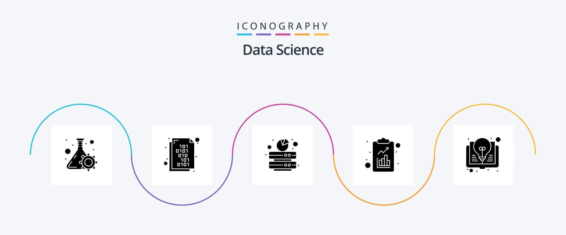 paquete de iconos de glifo 5 de ciencia de datos que incluye libro. informe. respaldo. Lista de Verificación. servidor vector