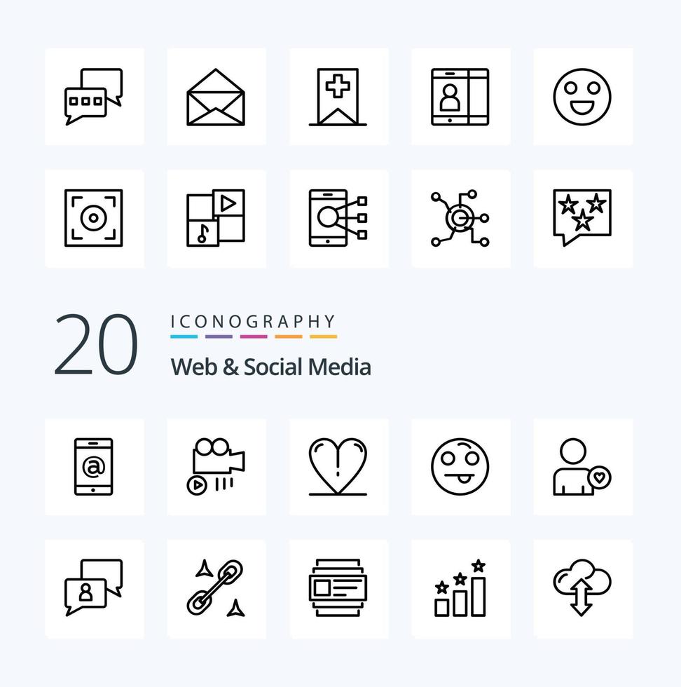 Paquete de 20 iconos de línea web y redes sociales como emoticon feliz hombre vector