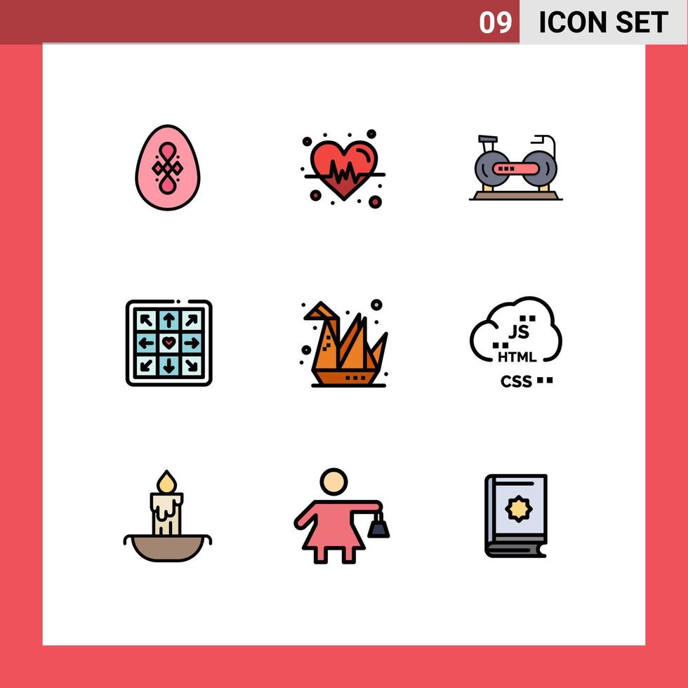 Mobile Interface Filledline Flat Color Set of 9 Pictograms of origami design cycle play dancing Editable Vector Design Elements