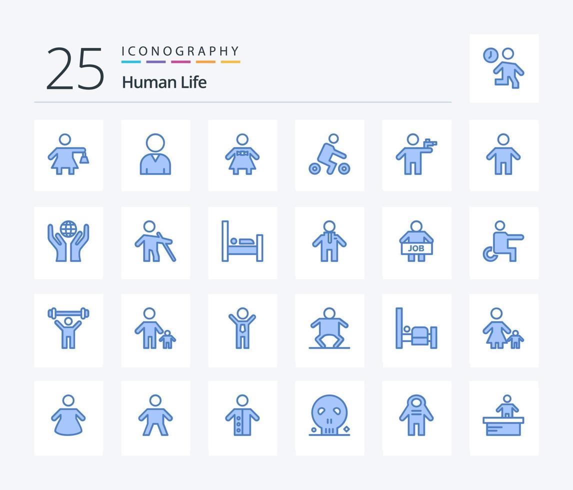 Human 25 Blue Color icon pack including dad. killer. bicycle. gunner. gun vector