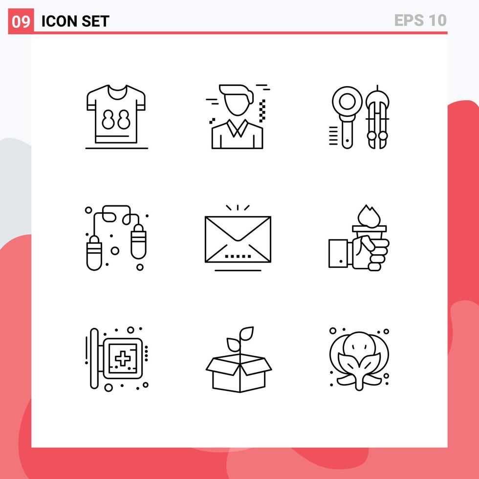 Set of 9 Modern UI Icons Symbols Signs for letter jump rope search fitness geometry Editable Vector Design Elements