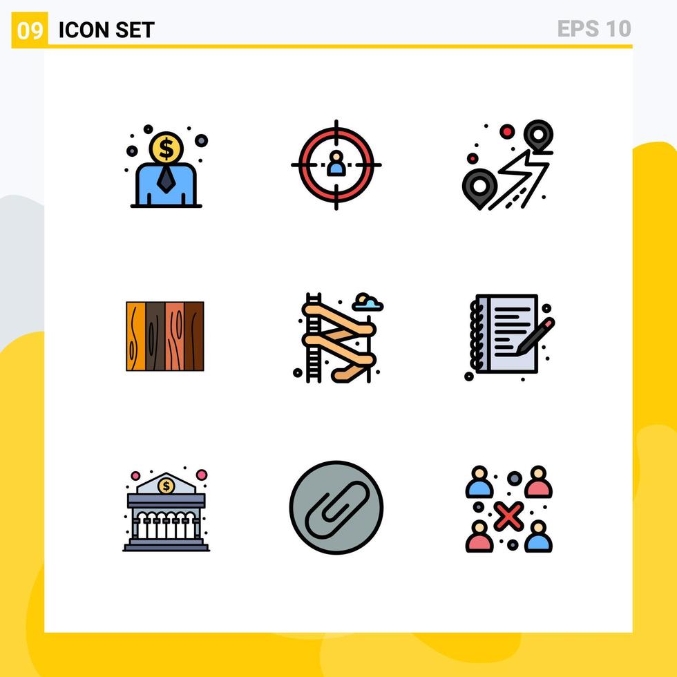 Pictogram Set of 9 Simple Filledline Flat Colors of slider wood pin design furniture Editable Vector Design Elements