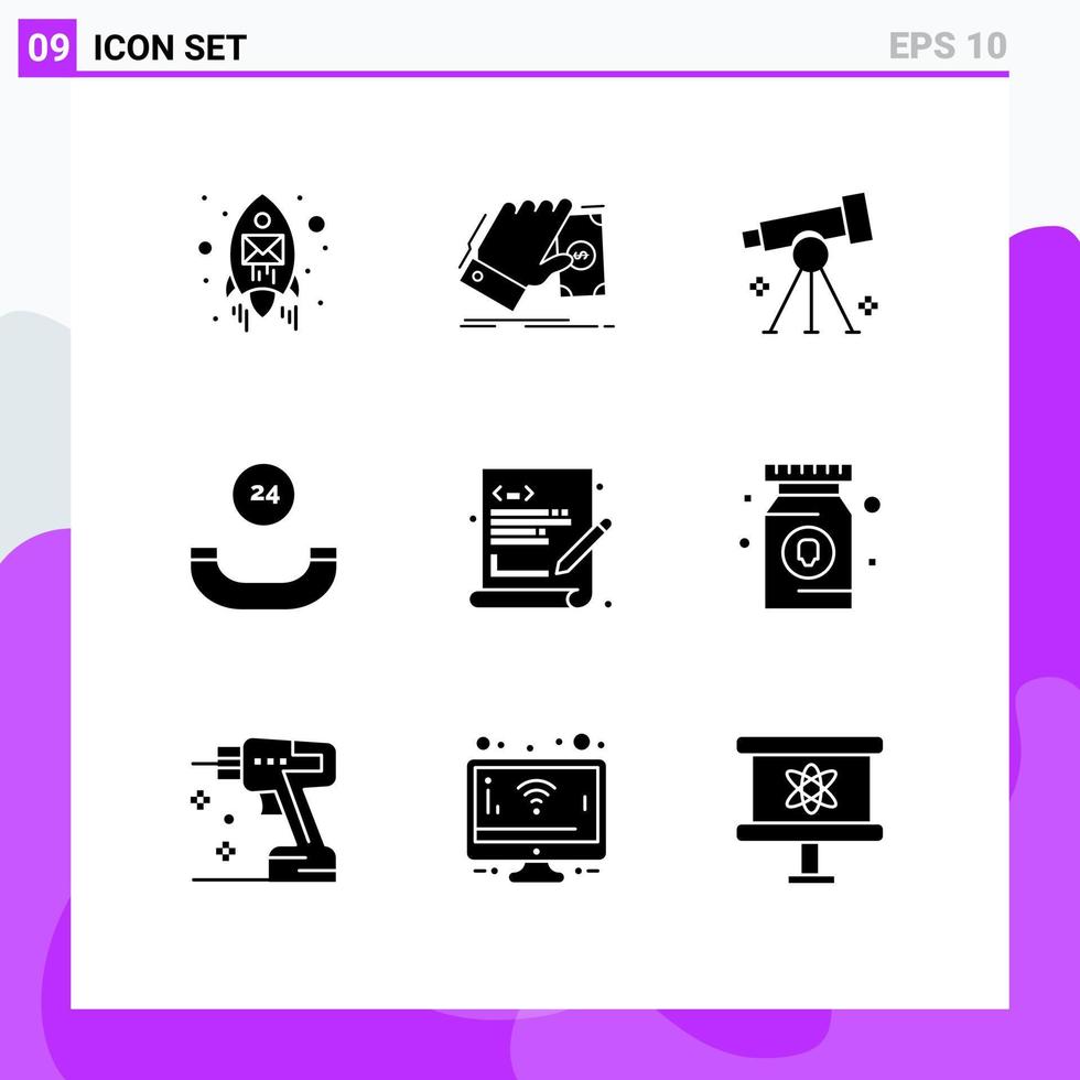 Set of 9 Commercial Solid Glyphs pack for coding call dollar all time science Editable Vector Design Elements