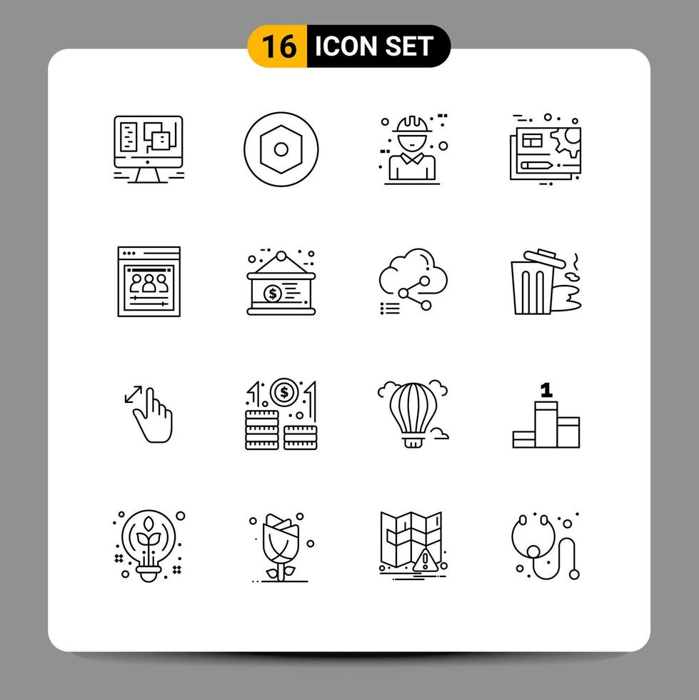 16 Thematic Vector Outlines and Editable Symbols of organization page setting builder gear document Editable Vector Design Elements