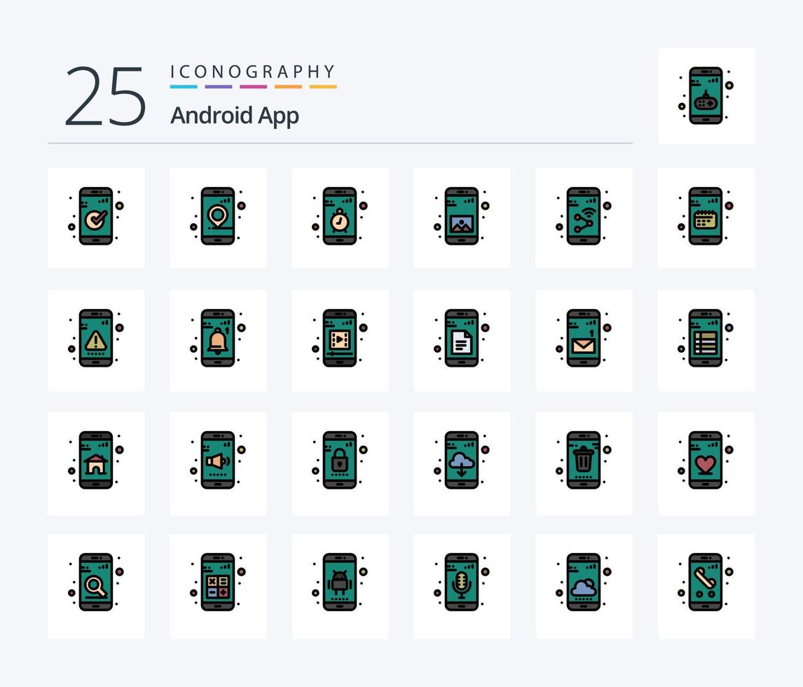 Android App 25 Line Filled icon pack including app. gallery. app. application. stop vector