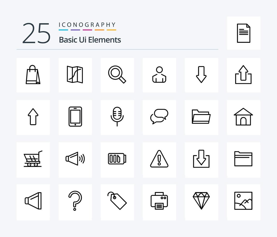 Basic Ui Elements 25 Line icon pack including down. arrow. magnifier. person. male vector