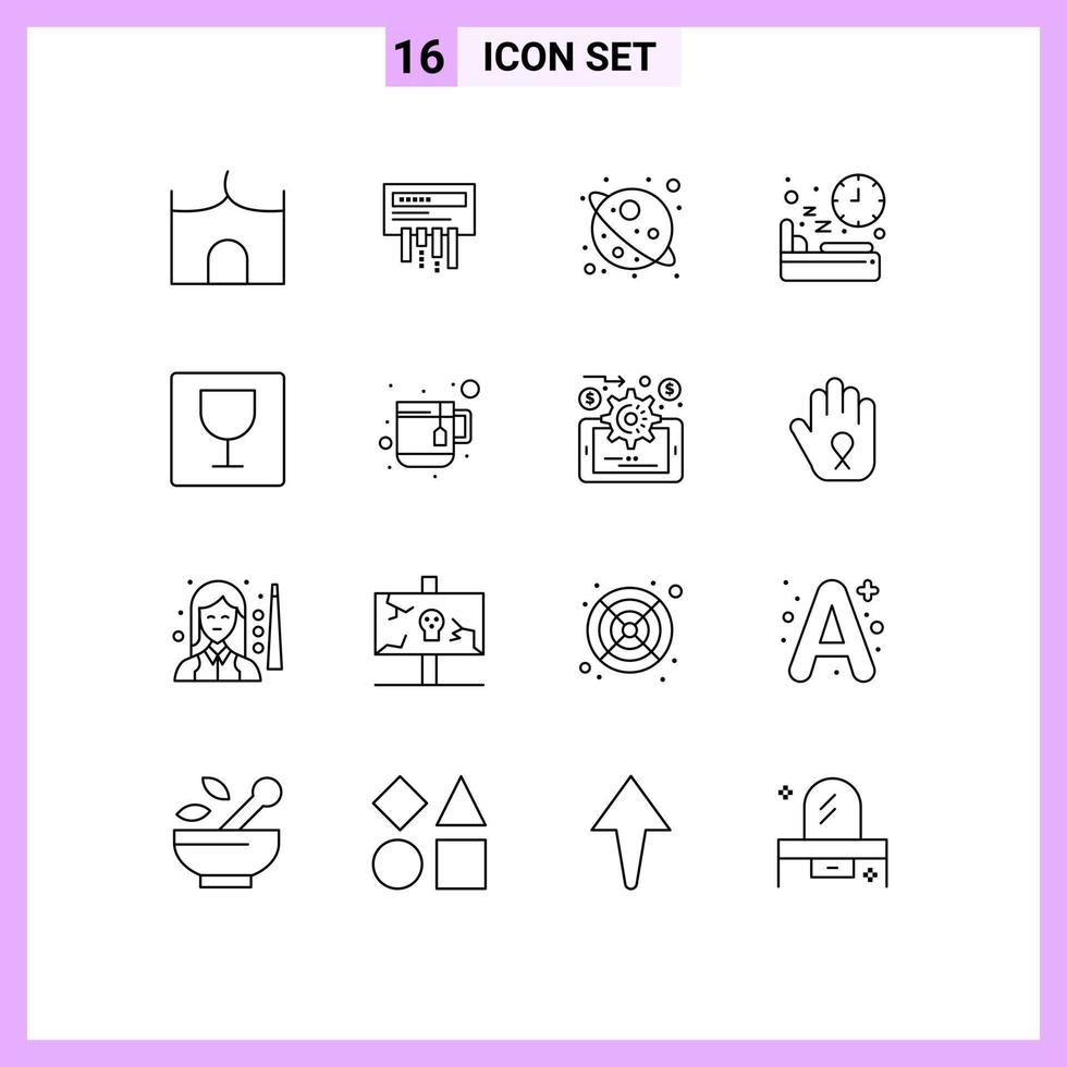 Pack of 16 creative Outlines of editor sleep radio nutrition bed Editable Vector Design Elements