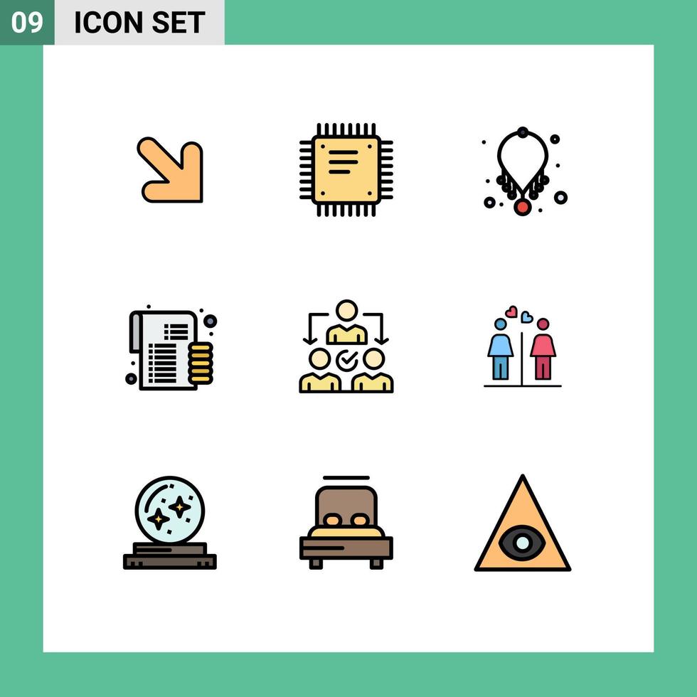 Pictogram Set of 9 Simple Filledline Flat Colors of delegate money accessories investment budget Editable Vector Design Elements