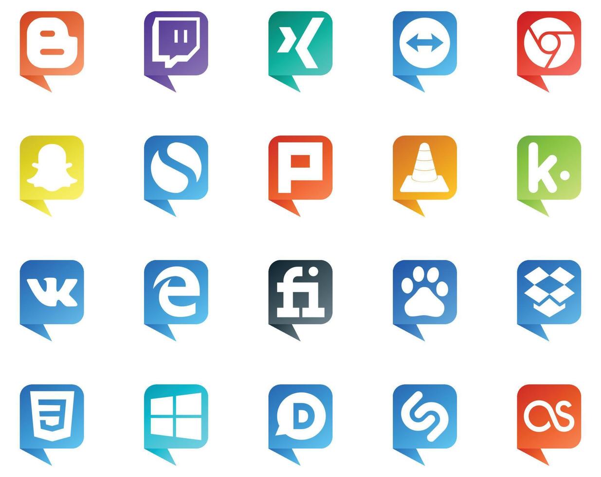 20 logotipos de estilo de burbujas de discurso de redes sociales como css baidu vlc fiverr vk vector