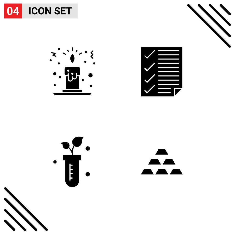 Group of 4 Modern Solid Glyphs Set for candle plant check page science Editable Vector Design Elements